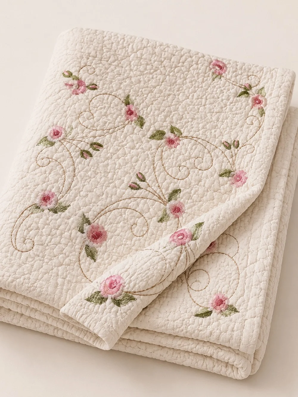 QUILT QUEEN KING ORGANIC COTTON FLORAL EMBROIDERY WHITE CREAM PINK